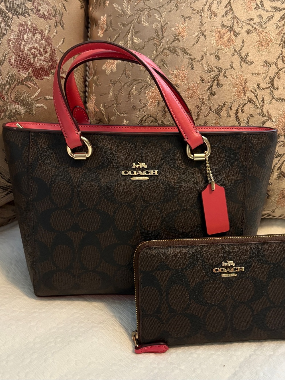 Coach Brown Signature Alice Tote with Brown/Watermelon Pink Trim and Wallet set